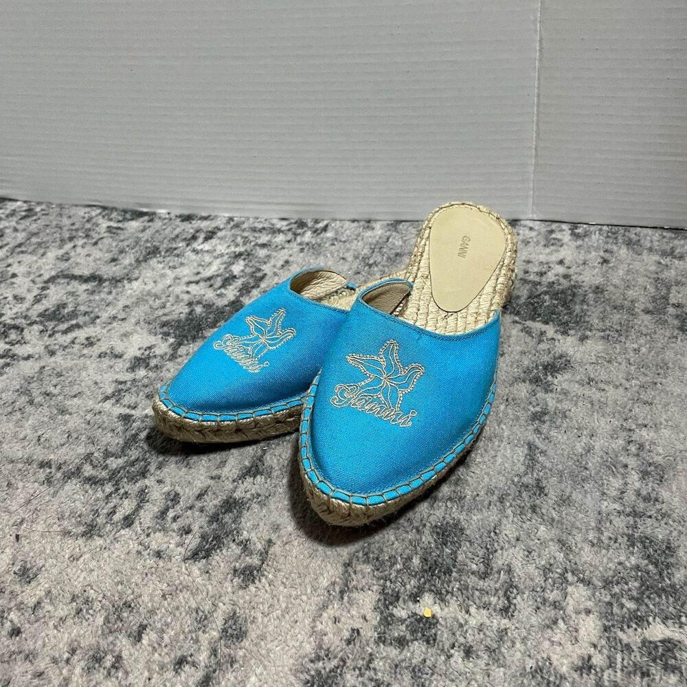 GANNI Women's Embroidered Canvas Espadrille Slip‎ On Turquoise Aqua Size 38